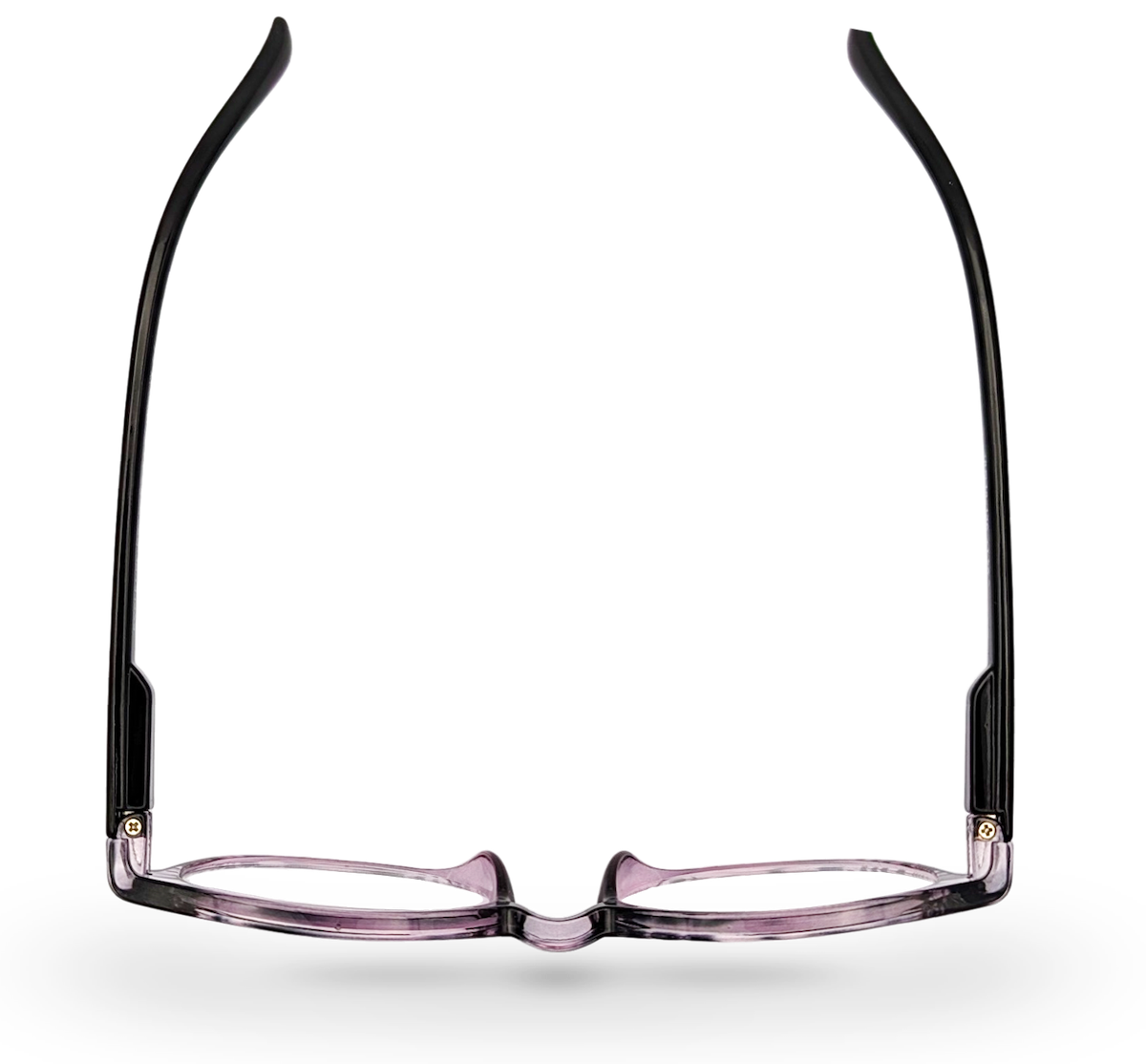 Eyelevel-UK Cordoba reading glasses with purple softly squared plastic frames and black temples, top-down view.