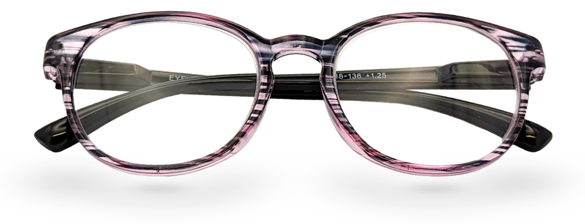 Eyelevel-UK Cordoba reading glasses with a purple softly squared plastic frame and clear magnifying lenses.