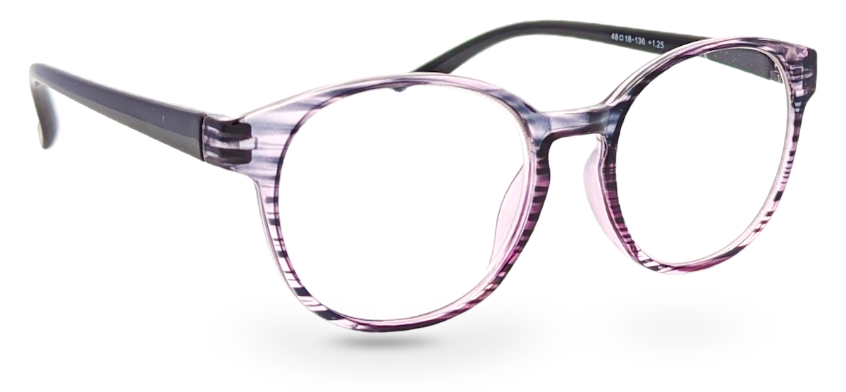 Eyelevel-UK Cordoba reading glasses with a purple striped round plastic frame and clear magnifying lenses.