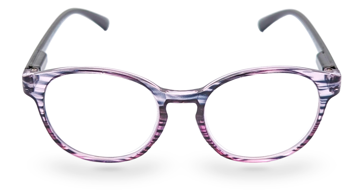 Eyelevel-UK Cordoba reading glasses with a purple softly squared plastic frame and clear magnifying lenses