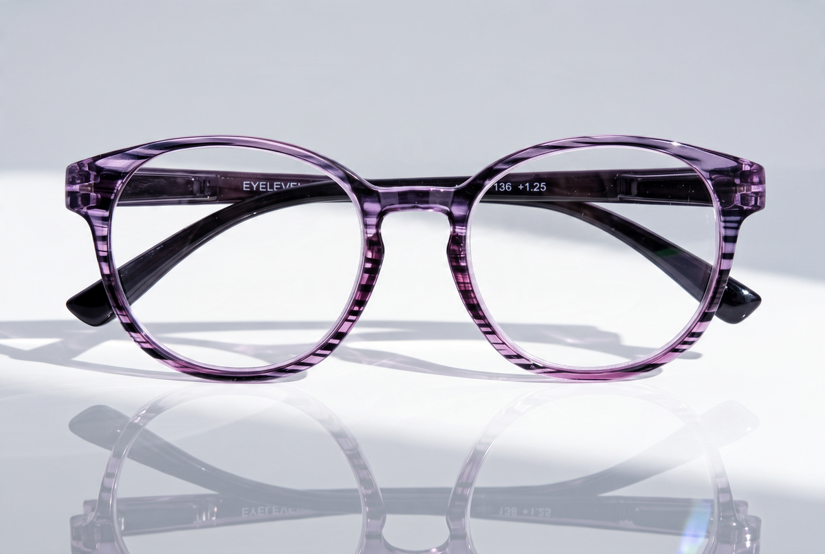 Eyelevel-UK Cordoba reading glasses with a purple softly squared plastic frame and clear magnifying lenses.