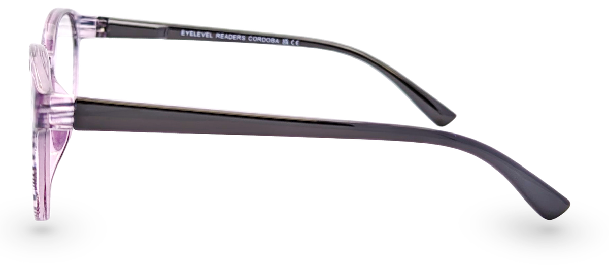 Eyelevel-UK Cordoba reading glasses with a purple softly squared plastic frame viewed from the side
