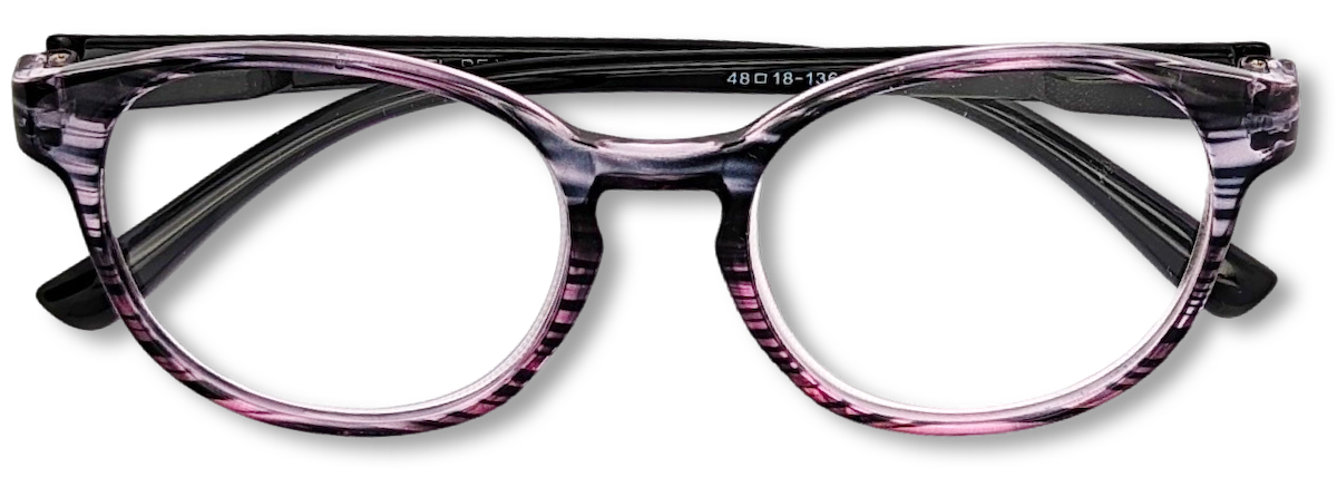 Eyelevel-UK Cordoba reading glasses featuring a purple softly squared plastic frame with clear magnifying lenses.