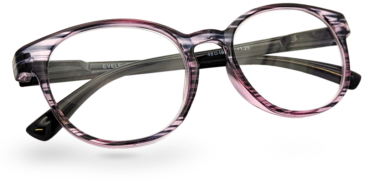 Eyelevel-UK Cordoba reading glasses with a purple striped round plastic frame and clear magnifying lenses.