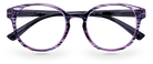 Eyelevel-UK Cordoba reading glasses with a purple striped softly squared plastic frame and clear magnifying lenses