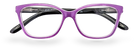 Eyelevel-UK Courtney reading glasses with a purple and grey softly squared plastic frame and clear magnifying lenses.