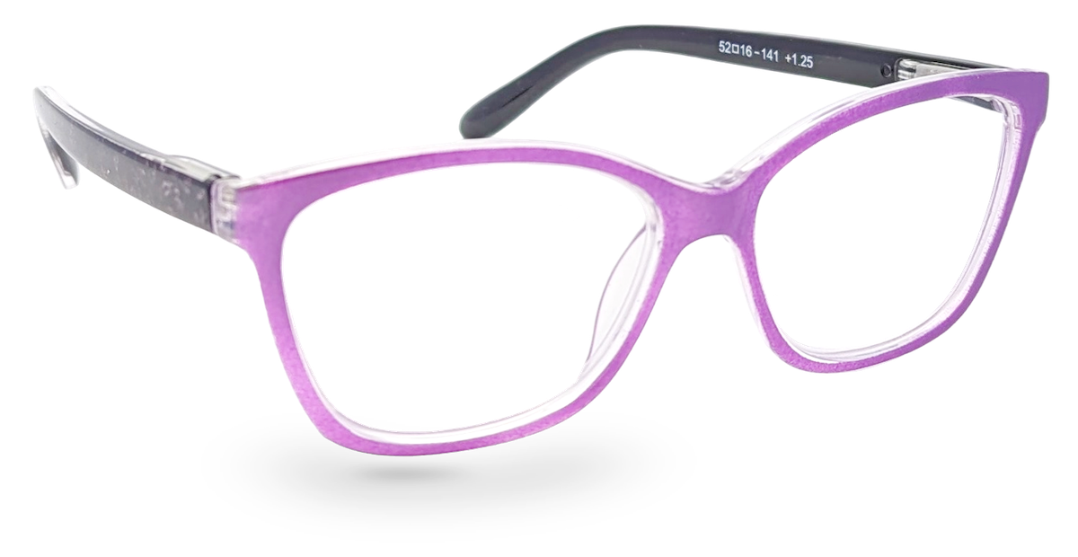 Eyelevel-UK Courtney reading glasses with a purple and grey squared plastic frame and clear magnifying lenses.