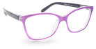 Eyelevel-UK Courtney reading glasses with a purple and grey squared plastic frame and clear magnifying lenses.