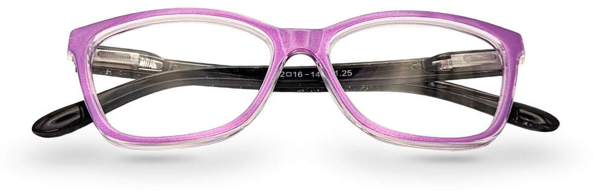 Eyelevel-UK Courtney reading glasses with a purple and grey softly squared plastic frame and clear magnifying lenses.