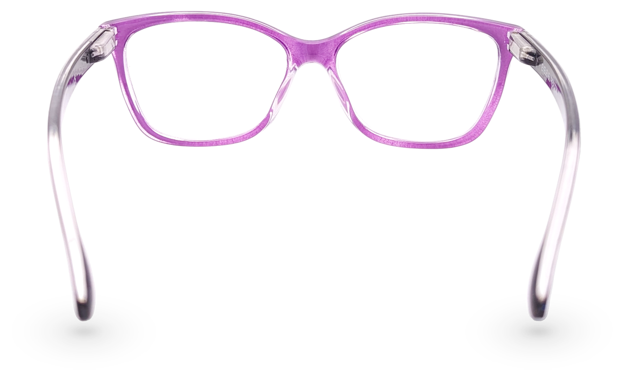 Eyelevel-UK Courtney reading glasses with a purple and grey softly squared plastic frame and clear magnifying lenses.