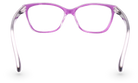Eyelevel-UK Courtney reading glasses with a purple and grey softly squared plastic frame and clear magnifying lenses.