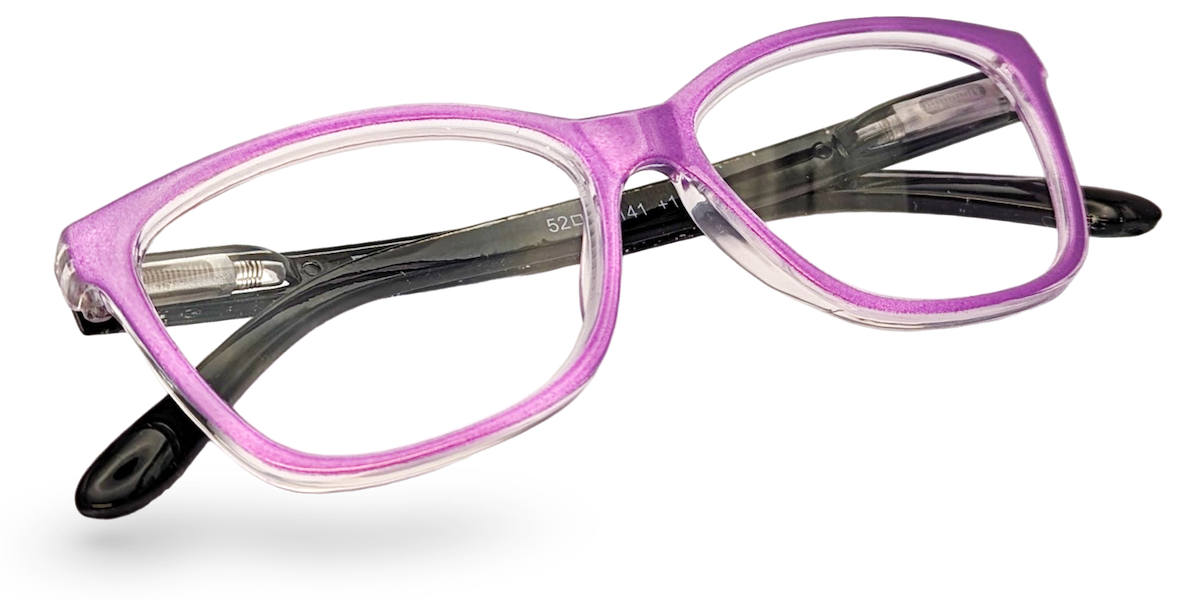 Eyelevel-UK Courtney reading glasses with a purple and grey squared plastic frame and clear magnifying lenses.