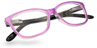 Eyelevel-UK Courtney reading glasses with a purple and grey squared plastic frame and clear magnifying lenses.