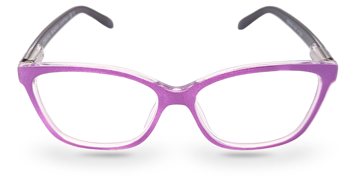 Eyelevel-UK Courtney reading glasses with a purple and grey softly squared plastic frame and clear magnifying lenses.