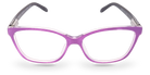 Eyelevel-UK Courtney reading glasses with a purple and grey softly squared plastic frame and clear magnifying lenses.