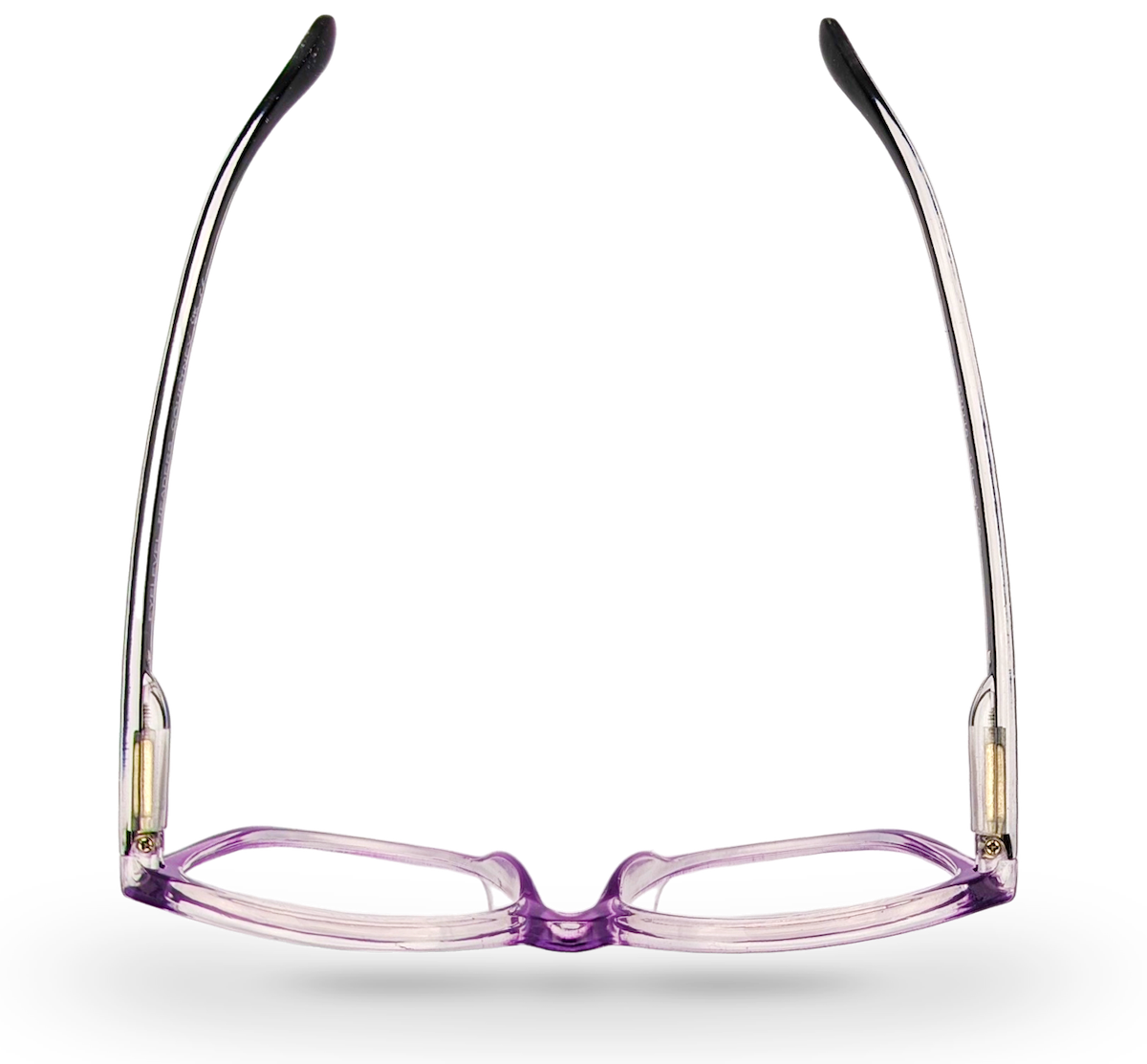 Eyelevel-UK Courtney reading glasses with a purple and grey squared plastic frame viewed from above