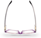 Eyelevel-UK Courtney reading glasses with a purple and grey squared plastic frame viewed from above