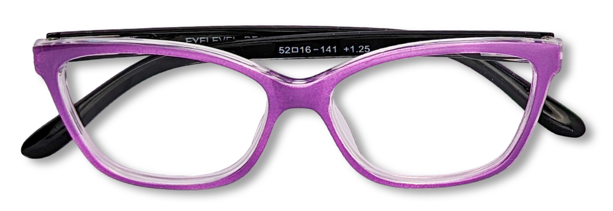 Eyelevel-UK Courtney reading glasses with a purple and grey softly squared plastic frame and clear magnifying lenses.