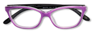Eyelevel-UK Courtney reading glasses with a purple and grey softly squared plastic frame and clear magnifying lenses.