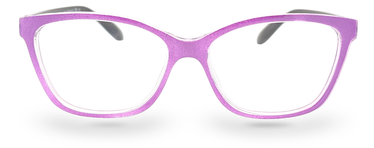 Eyelevel-UK Courtney reading glasses with a purple and grey softly squared plastic frame and clear magnifying lenses.