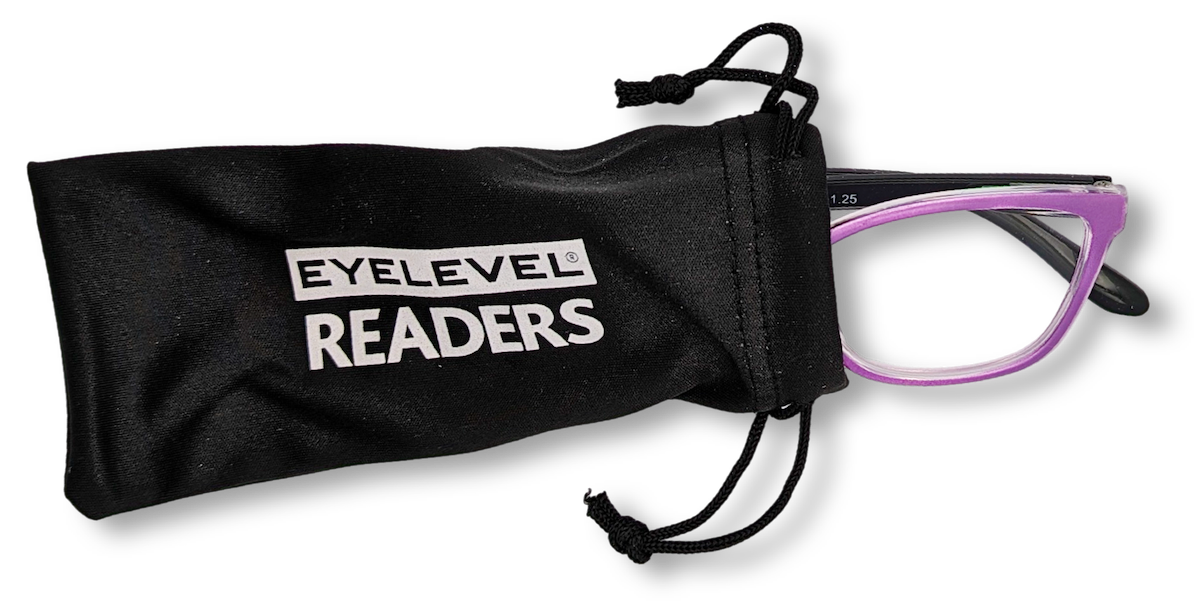 Eyelevel-UK Courtney reading glasses with purple and grey square frames peeking out of a black branded storage pouch.