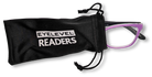 Eyelevel-UK Courtney reading glasses with purple and grey square frames peeking out of a black branded storage pouch.