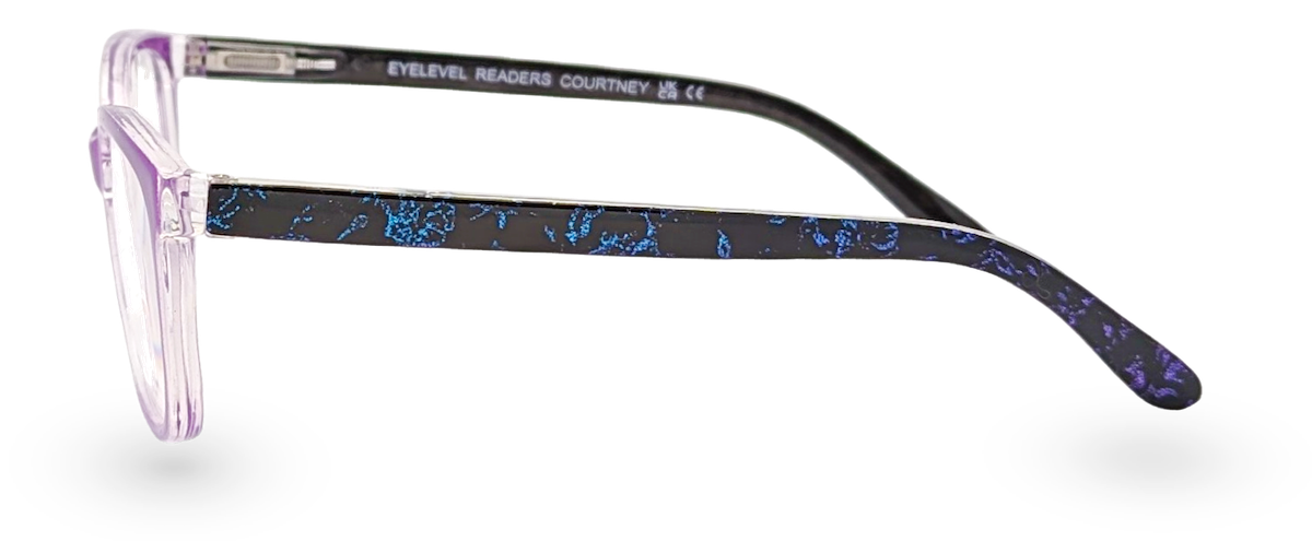 Eyelevel-UK Courtney reading glasses with purple and grey squared frames and patterned black temples