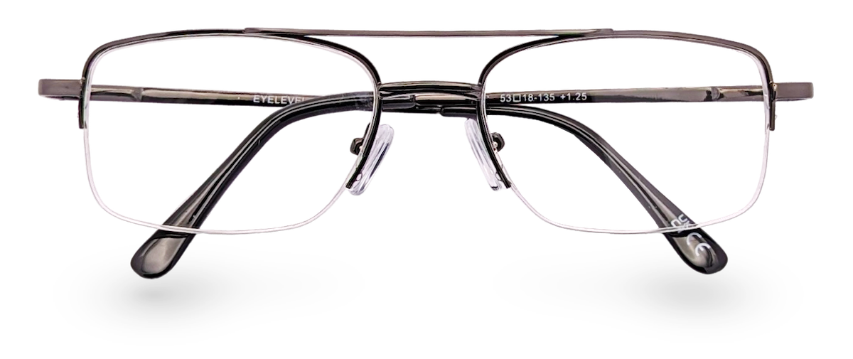 Eyelevel-UK Cuba reading glasses with a grey metal semi-rimless rectangular frame and clear magnifying lenses.