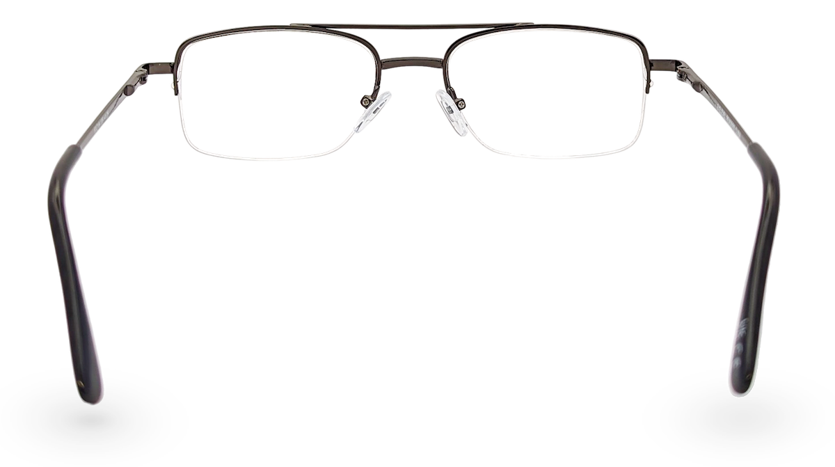 Eyelevel-UK Cuba reading glasses featuring a grey metal semi-rimless rectangular frame with clear magnifying lenses.