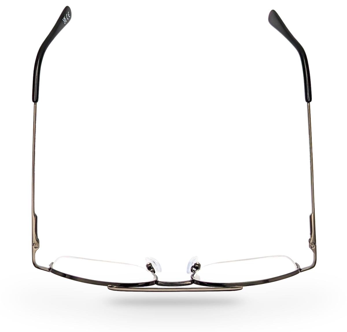 Eyelevel-UK Cuba reading glasses featuring a grey metal semi-rimless rectangular frame viewed from above.
