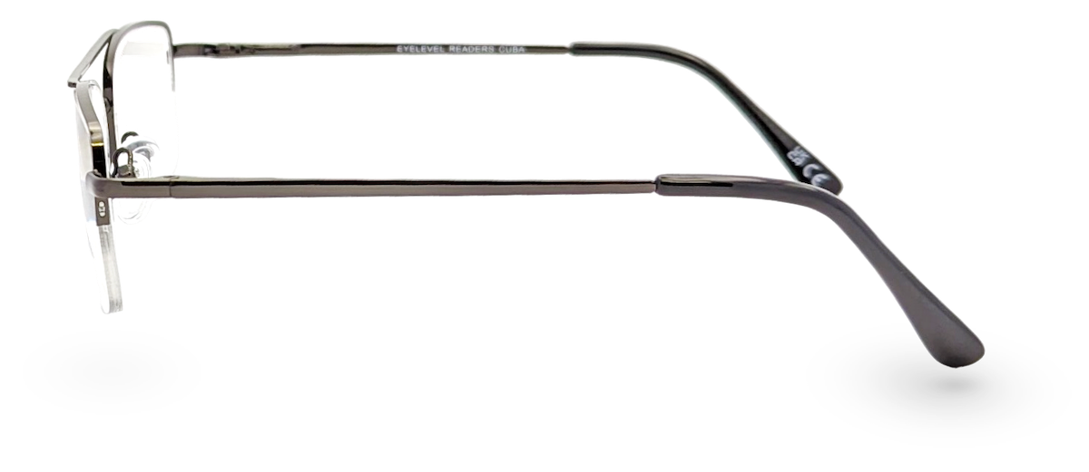 Eyelevel-UK Cuba reading glasses featuring a grey metal semi-rimless rectangular frame viewed from the side