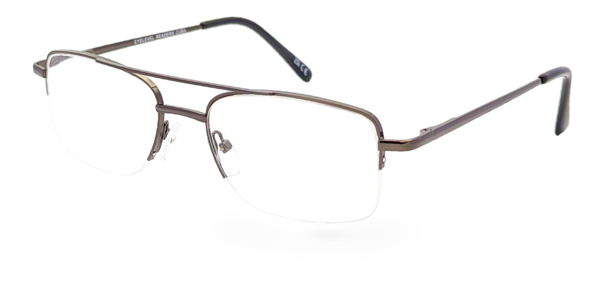 Eyelevel-UK Cuba reading glasses with a grey metal semi-rimless rectangular frame and clear magnifying lenses.