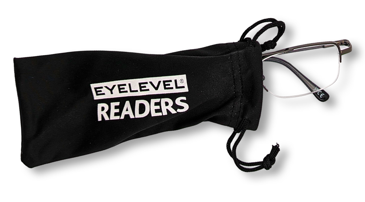 Eyelevel-UK Cuba reading glasses with grey semi-rimless frames partially inside a black branded drawstring pouch