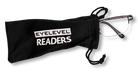 Eyelevel-UK Cuba reading glasses with grey semi-rimless frames partially inside a black branded drawstring pouch