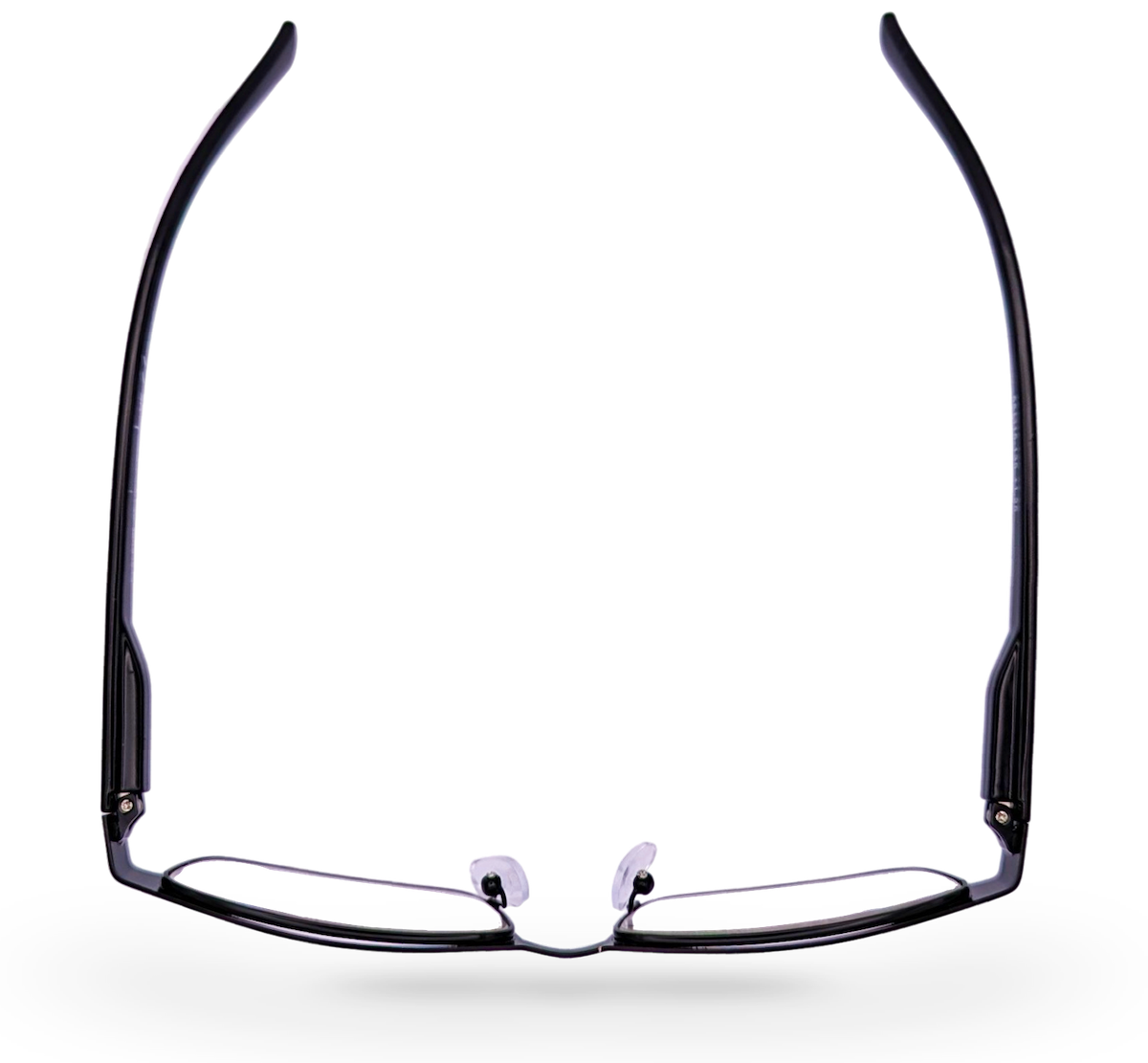 Eyelevel-UK Daniel black square reading glasses viewed from above showing the full rim plastic frame and temples.