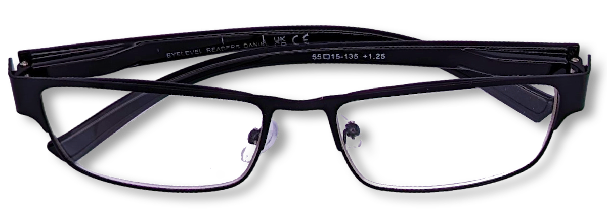 Eyelevel-UK Daniel reading glasses with a black square plastic frame and clear magnifying lenses.