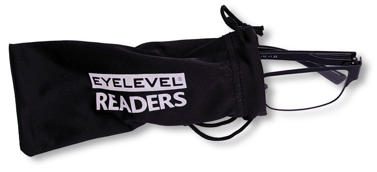 Eyelevel-UK Daniel reading glasses with black square frames inside a black branded protective pouch