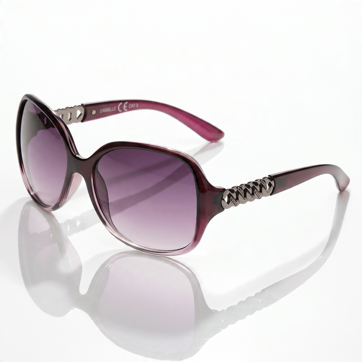 Eyelevel-UK Danielle oversized purple and gunmetal sunglasses with grey gradient lenses and decorative chain arms