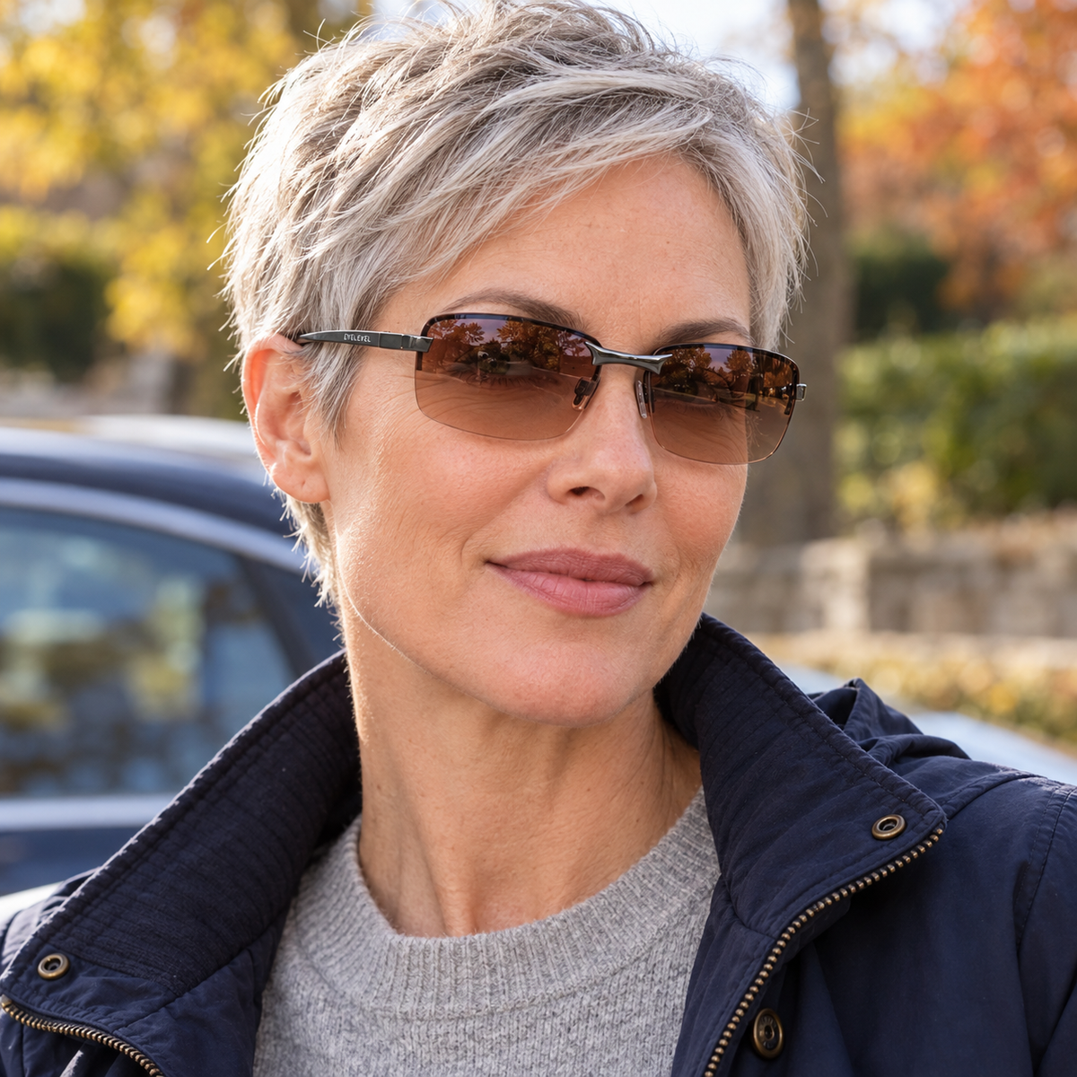 Woman with short grey hair wearing Eyelevel-UK Daytona driving sunglasses with gunmetal frames and brown tinted lenses.