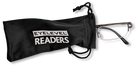 Eyelevel-UK Dickens reading glasses with pink rectangular frames inside a black branded drawstring storage pouch
