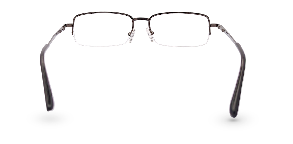 Eyelevel-UK Dickens semi-rimless rectangular reading glasses with dark metal frames viewed from behind