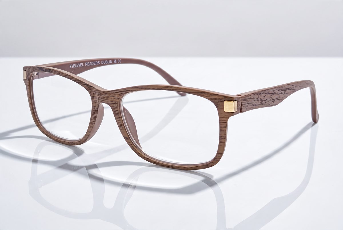 Eyelevel-UK Dublin reading glasses with a brown wood-effect squared frame and clear magnifying lenses