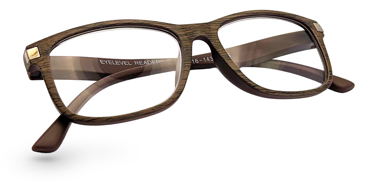 Eyelevel-UK Dublin reading glasses with a brown wood-effect square frame and clear magnifying lenses.