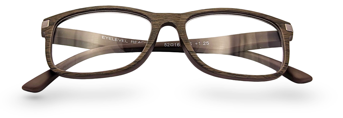 Eyelevel-UK Dublin reading glasses with a brown wood-effect softly squared frame and clear magnifying lenses.