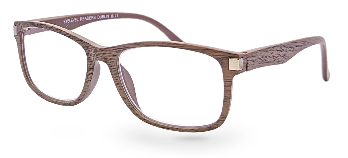 Eyelevel-UK Dublin reading glasses with a brown wood-effect square frame and clear magnifying lenses