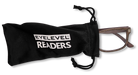 Eyelevel-UK Dublin reading glasses with brown wood-effect squared frames inside a black drawstring storage pouch