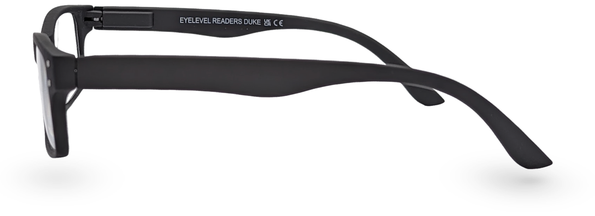 Eyelevel-UK Duke reading glasses with a black rectangular plastic frame, shown from a side profile view.