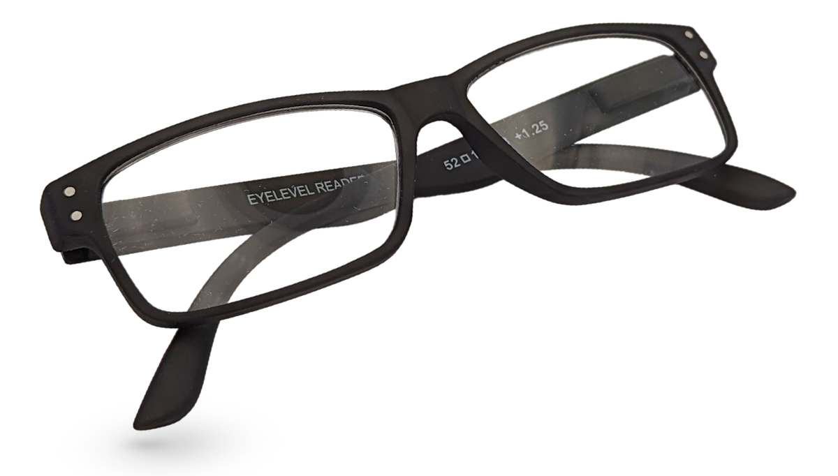 Eyelevel-UK Duke reading glasses with a black rectangular plastic frame and clear magnifying lenses