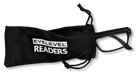 Eyelevel-UK Duke reading glasses with black rectangular frames inside a branded black drawstring storage pouch