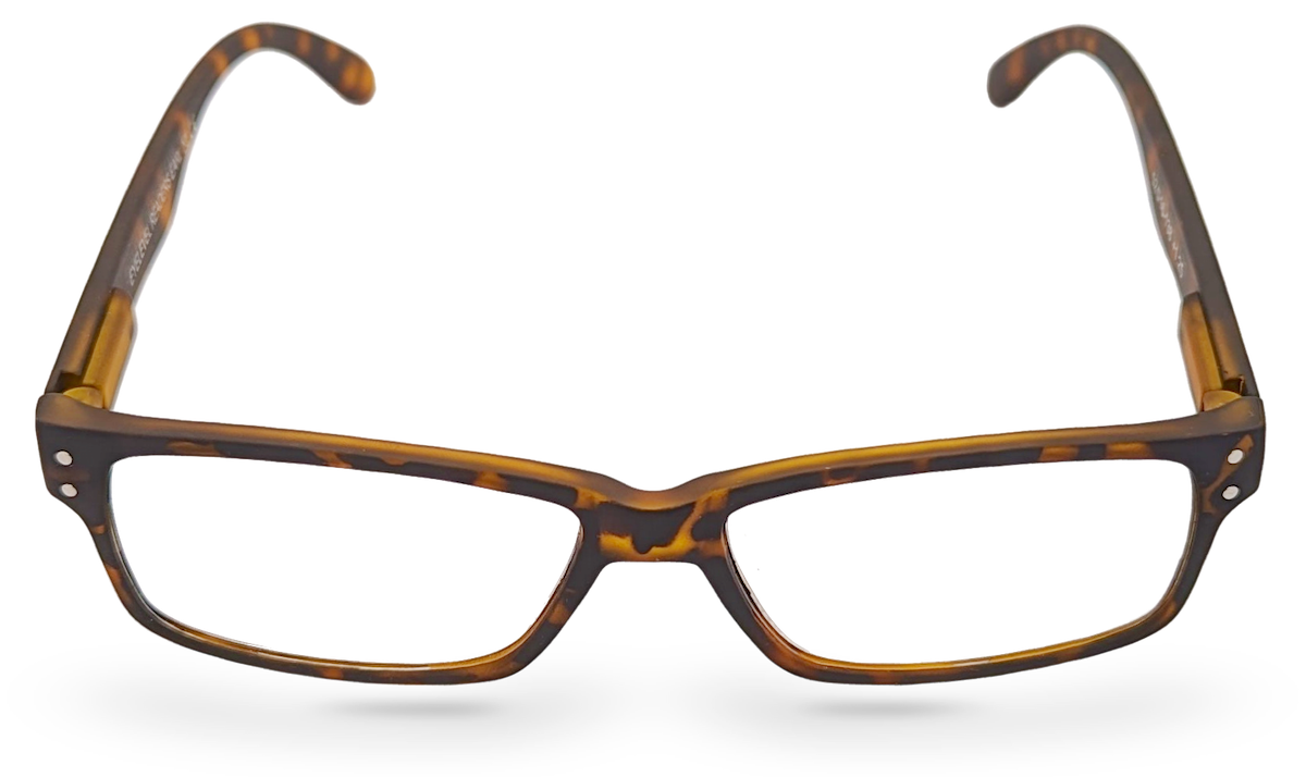Eyelevel-UK Earl rectangular reading glasses with a brown tortoiseshell plastic frame and clear magnifying lenses.